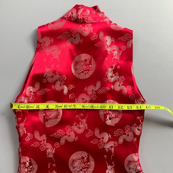 Red Silk Sleeveless Cheongsam Qipao Dress with Silver Dragon Jacquard Pattern - Picture 9 of 14